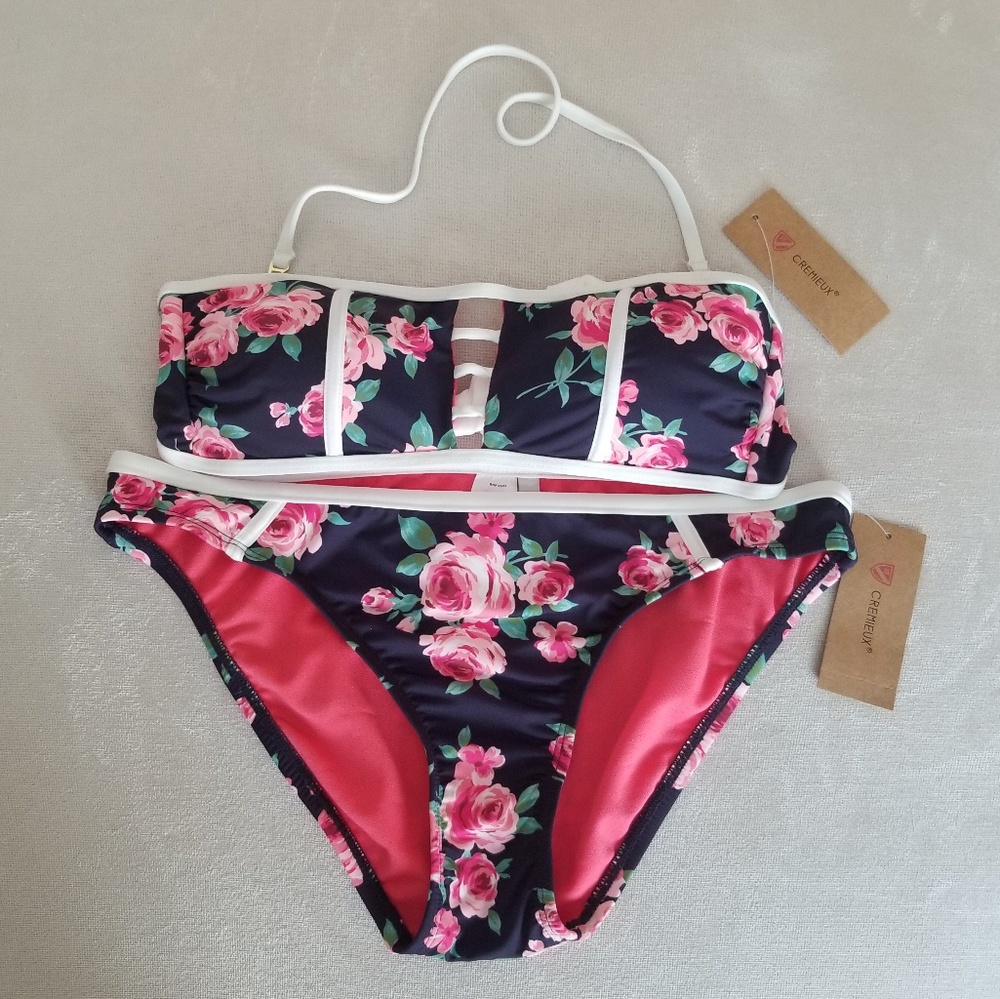 New Cremieux Pink Rose Pattern Navy Bikini